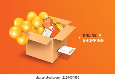 Balloons overflow from parcel boxes and there is a smartphone with a cart icon on the screen and beside it was a credit card placed in the box with receipt flowing out of the box for online shopping