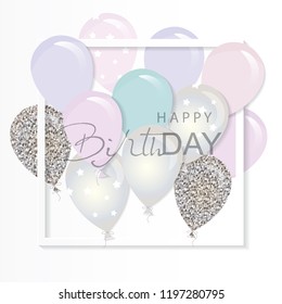 Balloons in paper cut out frame. Birthday and holiday card template. Pastel pinl and silver glitter.
