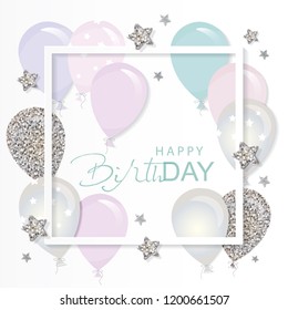 Balloons in paper cut out frame with glitter stars. Birthday and holiday card template. Pastel pinl and silver glitter. vector