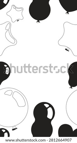 Balloons party black and white vertical border copyspace. Baloons. Seamless repeat pattern frame. Flat line graphic composition with copy space. Outline vector background. Social media template
