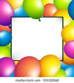balloons party color full with white blank banner on blue background