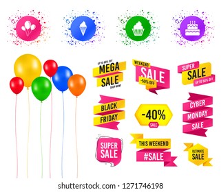 Balloons party. Sales banners. Birthday party icons. Cake with ice cream signs. Air balloons with rope symbol. Birthday event. Trendy design. Vector
