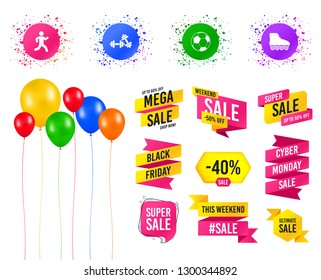 Balloons party. Sales banners. Football ball, Roller skates, Running icons. Fitness sport symbols. Gym workout equipment. Birthday event. Trendy design. Vector