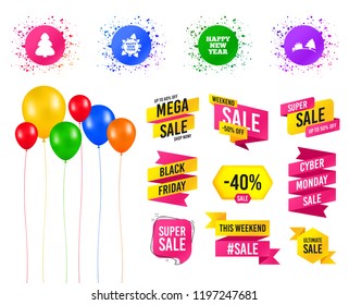Balloons party. Sales banners. Happy new year icon. Christmas trees signs. World globe symbol. Birthday event. Trendy design. Vector