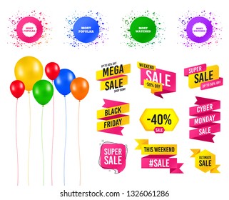 Balloons party. Sales banners. Most popular star icon. Most watched symbols. Clients or users choice signs. Birthday event. Trendy design. Vector