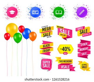 Balloons party. Sales banners. Pencil and open book icons. Graduation cap symbol. Higher education learn signs. Birthday event. Trendy design. Vector