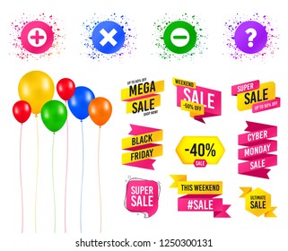 Balloons party. Sales banners. Plus and minus icons. Delete and question FAQ mark signs. Enlarge zoom symbol. Birthday event. Trendy design. Vector