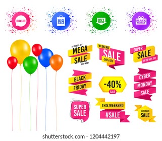 Balloons party. Sales banners. Sale speech bubble icons. Buy now arrow symbols. Black friday gift box signs. Big sale shopping bag. Birthday event. Trendy design. Vector