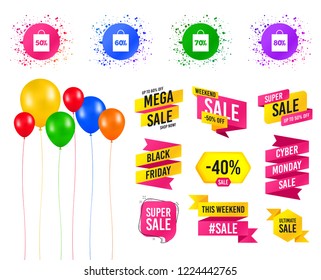 Balloons party. Sales banners. Sale bag tag icons. Discount special offer symbols. 50%, 60%, 70% and 80% percent discount signs. Birthday event. Trendy design. Vector