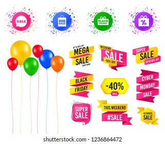 Balloons party. Sales banners. Sale speech bubble icon. Black friday gift box symbol. Big sale shopping bag. Discount percent sign. Birthday event. Trendy design. Vector