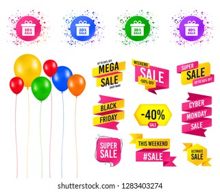 Balloons party. Sales banners. Sale gift box tag icons. Discount special offer symbols. 10%, 20%, 30% and 40% percent sale signs. Birthday event. Trendy design. Vector