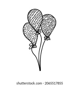 Globos con patrones atados con una cinta. Un regalo de vacaciones. Elemento para decorar una fiesta divertida. Ilustración vectorial de línea dibujada a mano en estilo doodle.