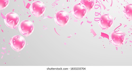 balloons pink celebration frame background. confetti glitters for event and holiday poster.