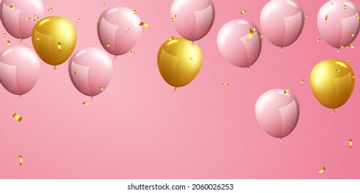 balloons pink gold celebration frame background. event and holiday poster.