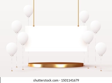 Balloons with podium space for text and objects, presentation template, holidays, discounts, sale banner, web poster. Celebrate birthday. Festive Stage with group of helium white ballons. vector card