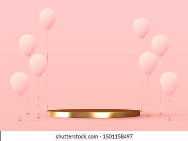 Balloons with podium space for text and objects, presentation template, holidays, discounts, sale banner, web poster. Celebrate birthday. Festive Stage with group of helium pink ballons. vector 