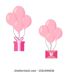 Balloons Present and envelope. Love letter in flat style. Valentine's Day. Vector.