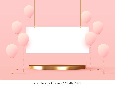 Balloons and presentation platform. Stage podium. Banner template with realistic group of helium balloons in pink color with golden stand. Round gold pedestals isolated mockup. vector illustration