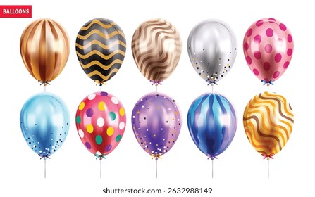 Balloons printed metallic clipart set. Colorful printed pattern balloons clip art elements collection latex, glossy and shiny object for birthday party celebration vector illustration.
