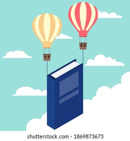 The balloons pull the book upward with them. Vector, cartoon illustration. Vector.