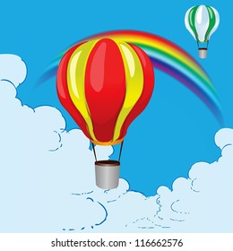 Balloons and a rainbow in the clouds. Vector illustration.