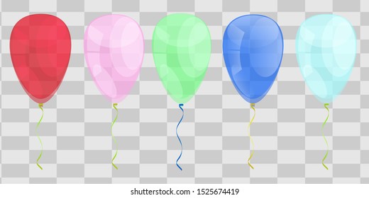 Balloons. Realistic transparent, blue, pink, green, red, cyan isolated on transparent background. Vector illustration.