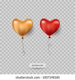 Balloons. Red and golden. Heart shape. Valentines day balloons. Vector illustration.