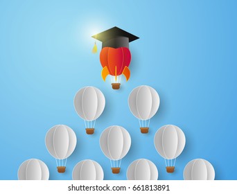 Balloons red launching over the hot air. competition concept background papercut modern design Startup project concept. Business flat design vector. Graduation congratulatory background graduate cap