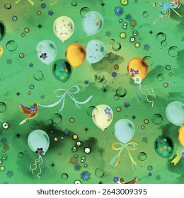 Balloons, Ribbons and Birds Seamless pattern for Birthday party backdrop on green background.