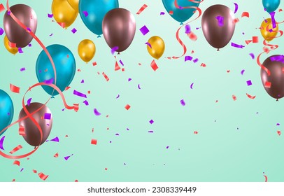 Balloons with ribbons and confetti on green background. Vector illustration.