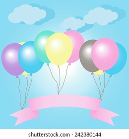 Balloons With Ribbons In Pastel Colors. Vector Illustration