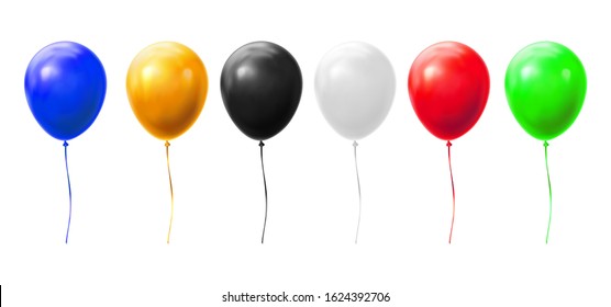 Balloons with ribbons vector realistic isolated on white background. Birthday, holiday party celebration and sale flying helium balloons of different colors and glossy light reflection