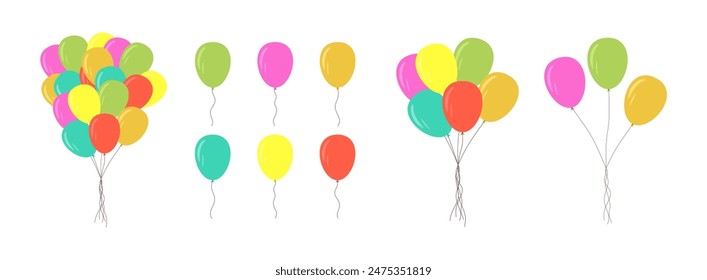 Balloons with rope set. Air baloons groups and singles, flying up isolated on white background. Helium ballons bunches on strings. Birthday and party decor. Colored flat vector illustration