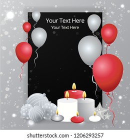 Balloons sale business template with xmas tree balls and candles,  cute label for sale poster decoration . Beautiful cover template for christmas card black ,silver and red with bokeh shiny glow.