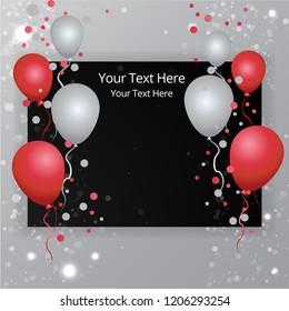 Balloons Sale Bussines Template For Web And Print,  Cute Label For Sale Poster Decoration . Beautiful Cover Template For Christmas Card Black ,silver And Red With Bokeh Shiny Glow Decoration.