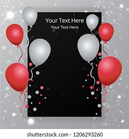 Balloons Sale Bussines Template For Web And Print,  Cute Label For Sale Poster Decoration . Beautiful Cover Template For Christmas Card Black ,silver And Red With Bokeh Shiny Glow Decoration.