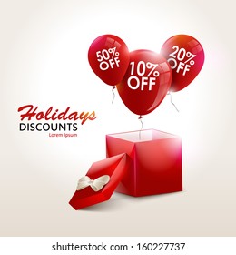 Balloons With Sale Discounts and with box. Holidays SALE concept background. Sale balloons. Sale design. Sale gift bonus