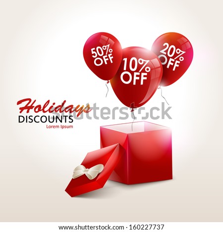 Balloons With Sale Discounts and with box. Holidays SALE concept background. Sale balloons. Sale design. Sale gift bonus