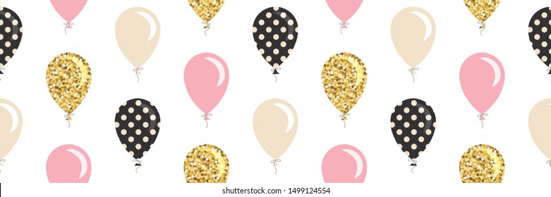 Balloons seamless pattern background. For birthday, baby shower design. Glitter, polka dots, pastel pink and beige colors. Vector illustration.