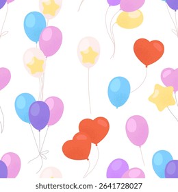 Balloons seamless pattern. Cartoon balloon with stars, red pink hearts. Birthday, anniversary, festive, party decorations, vector background