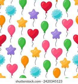 Balloons seamless vector pattern. Colorful toys of various shapes - star, heart, ball, flower. Flying surprise for a party, birthday, event. Funny festive decoration on a string. Cartoon background