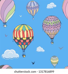 Balloons seamless vector pattern on blue background. Many differently colored striped air balloons flying in the clouded sky. Clouds and birds soaring in the sky. Travel and vacation. Wide horizons. 