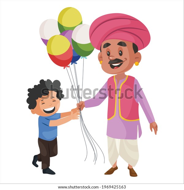 Balloons seller is\
giving balloons to child. Vector graphic illustration. Individually\
on white background.