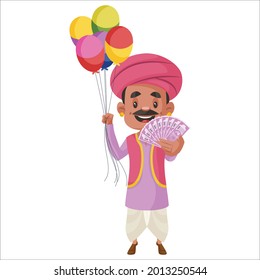 Balloons seller is holding balloons in one hand and other hand holding money. Vector graphic illustration. Individually on white background.