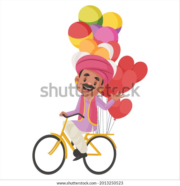Balloons seller is\
selling balloons on bicycle. Vector graphic illustration.\
Individually on white\
background.