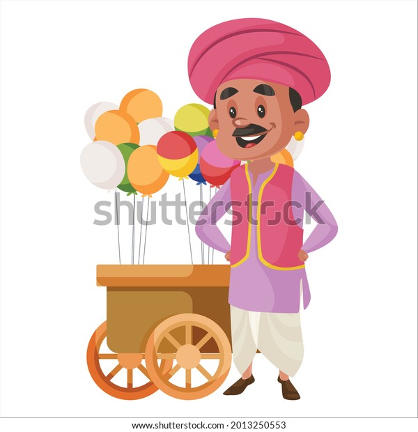 Balloons\
seller is standing with a balloon cart. Vector graphic\
illustration. Individually on white\
background.