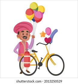 Balloons seller is standing with a bicycle. Vector graphic illustration. Individually on white background.