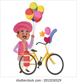 Balloons seller is standing with a bicycle. Vector graphic illustration. Individually on white background.