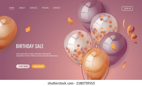 Balloons and serpentine. Birthday party, celebration, holiday, event, festive, congratulations concept. Vector illustration. Website, banner template.