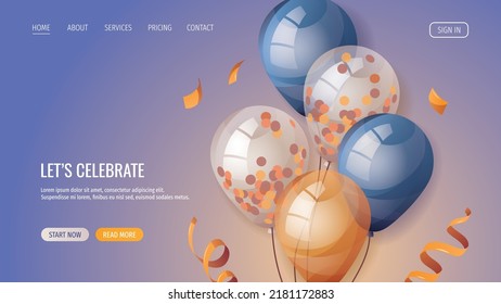 Balloons and serpentine. Birthday party, celebration, holiday, event, festive, congratulations concept. Vector illustration. Website, banner template.